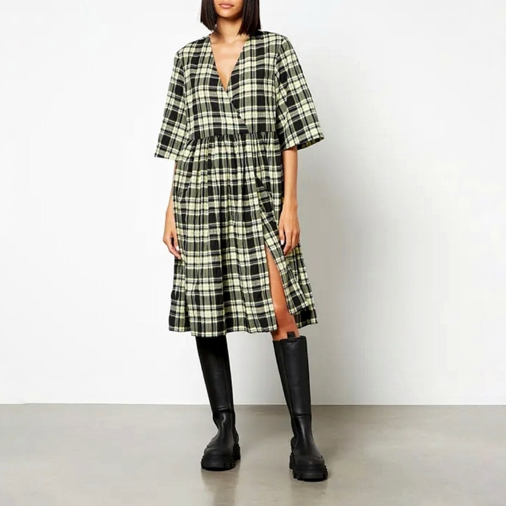 Ganni Check Organic Cotton Seersucker Wrap Skirt Oversized Midi Dress